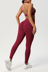 Women Seamless Knit Yoga Set: Halter Back Sports Bra + Sculpting Leggings