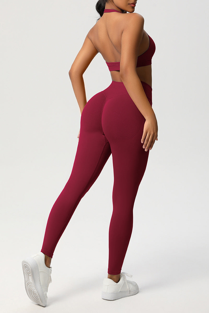 Women Seamless Knit Yoga Set: Halter Back Sports Bra + Sculpting Leggings