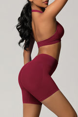 Women Halter Neck Yoga Set: High-Waisted Sculpting Shorts + Backless Sports Bra