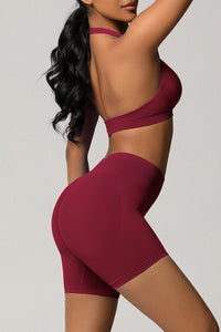 Women Halter Neck Yoga Set: High-Waisted Sculpting Shorts + Backless Sports Bra