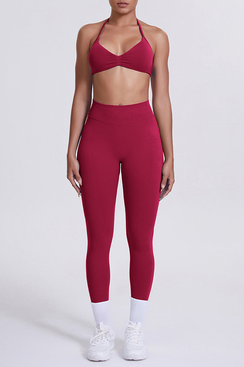 Women Seamless Yoga Set: High-Waisted Sculpting Leggings + Halter Neck Sports Bra
