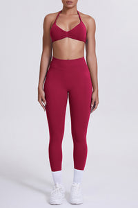 Women Seamless Yoga Set: High-Waisted Sculpting Leggings + Halter Neck Sports Bra