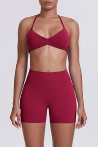 Women Halter Neck Yoga Set: High-Waisted Sculpting Shorts + Backless Sports Bra