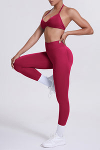 Women Seamless Yoga Set: High-Waisted Sculpting Leggings + Halter Neck Sports Bra