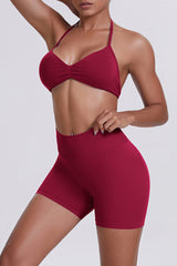 Women Halter Neck Yoga Set: High-Waisted Sculpting Shorts + Backless Sports Bra