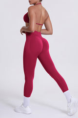 Women Seamless Yoga Set: High-Waisted Sculpting Leggings + Halter Neck Sports Bra