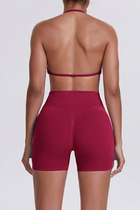 Women Halter Neck Yoga Set: High-Waisted Sculpting Shorts + Backless Sports Bra