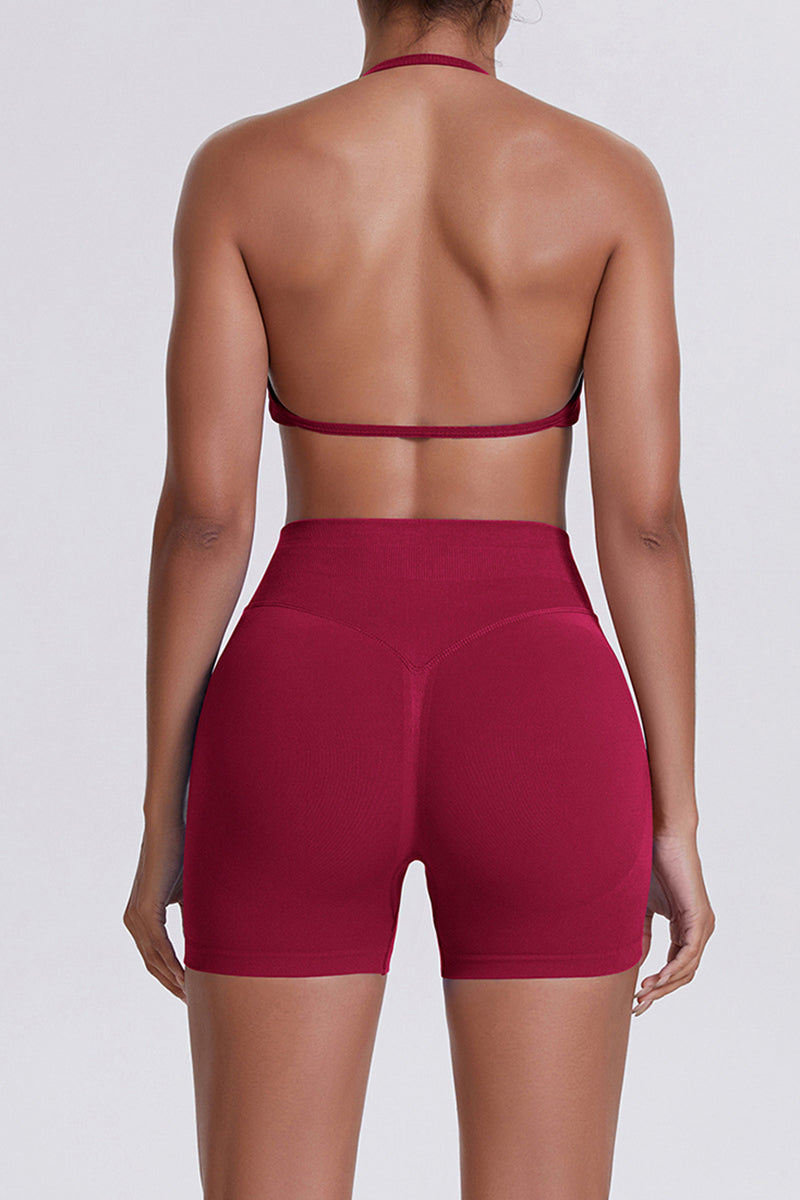 Women Halter Neck Yoga Set: High-Waisted Sculpting Shorts + Backless Sports Bra