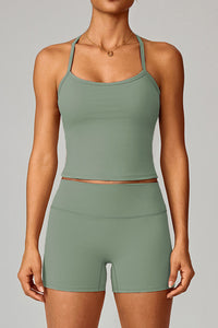 Women Brushed Slim Fit Yoga Set: Square Neck Camisole + High Waist Shorts