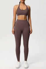 Women Seamless Knit Yoga Set: Halter Back Sports Bra + Sculpting Leggings