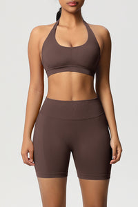 Women Halter Neck Yoga Set: High-Waisted Sculpting Shorts + Backless Sports Bra