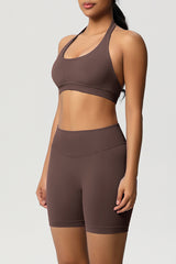 Women Halter Neck Yoga Set: High-Waisted Sculpting Shorts + Backless Sports Bra