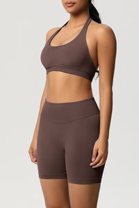 Women Halter Neck Yoga Set: High-Waisted Sculpting Shorts + Backless Sports Bra