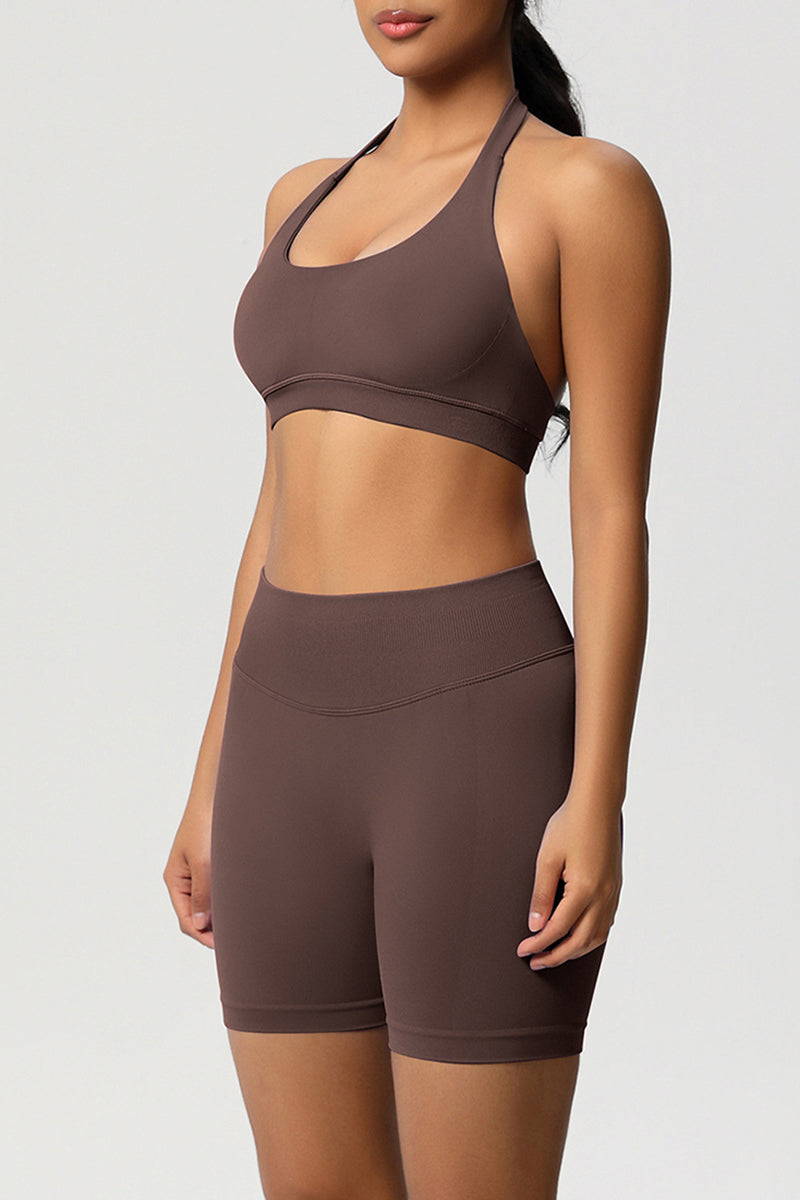 Women Halter Neck Yoga Set: High-Waisted Sculpting Shorts + Backless Sports Bra