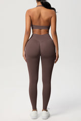 Women Seamless Knit Yoga Set: Halter Back Sports Bra + Sculpting Leggings