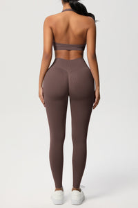 Women Seamless Knit Yoga Set: Halter Back Sports Bra + Sculpting Leggings