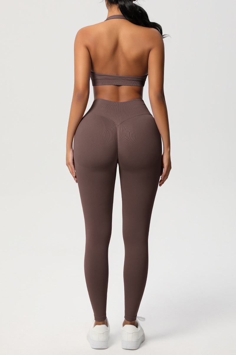Women Seamless Knit Yoga Set: Halter Back Sports Bra + Sculpting Leggings