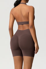 Women Halter Neck Yoga Set: High-Waisted Sculpting Shorts + Backless Sports Bra