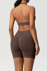 Women Halter Neck Yoga Set: High-Waisted Sculpting Shorts + Backless Sports Bra