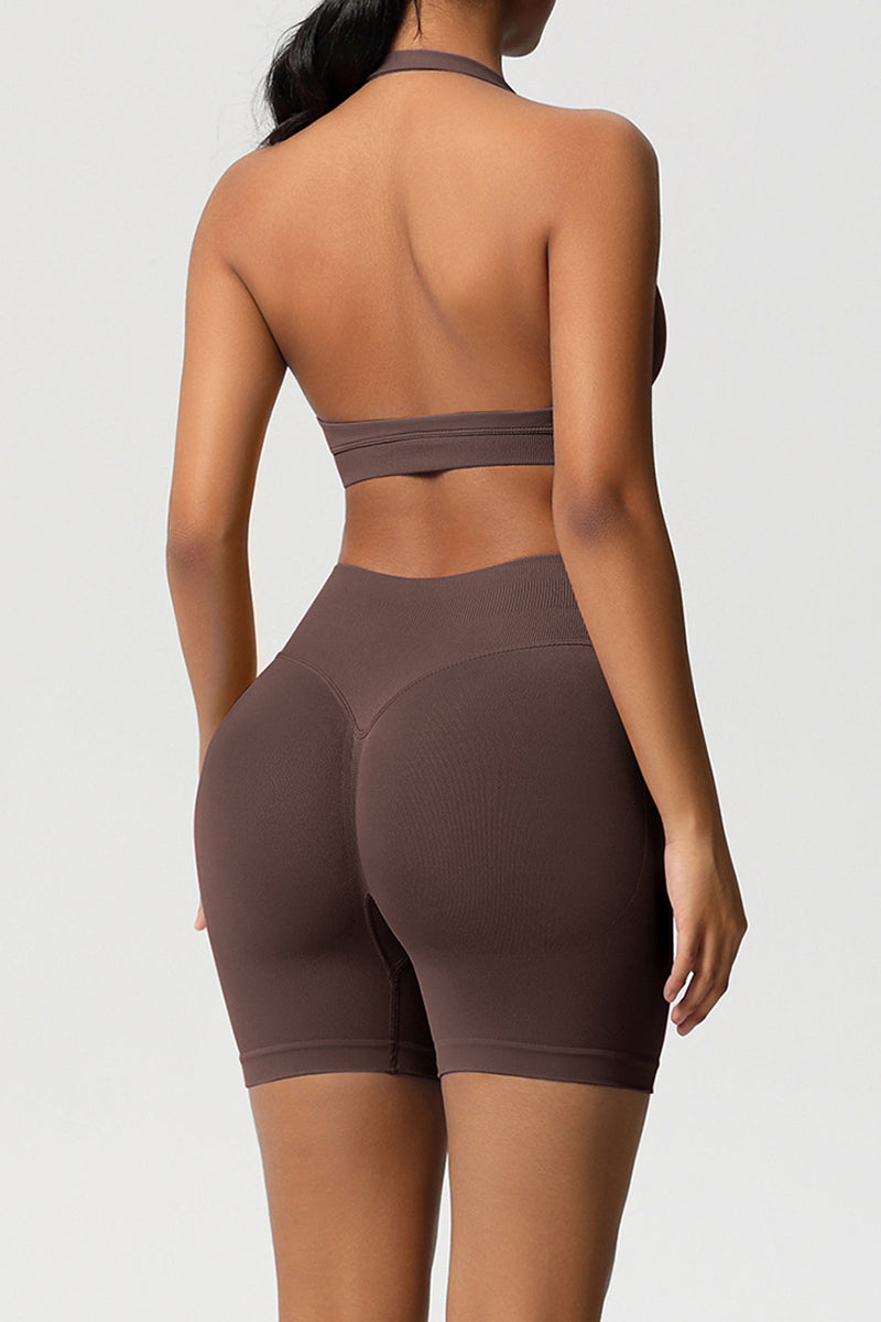 Women Halter Neck Yoga Set: High-Waisted Sculpting Shorts + Backless Sports Bra