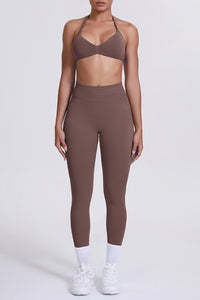 Women Seamless Knit Yoga Set: Halter Back Sports Bra + Sculpting Leggings