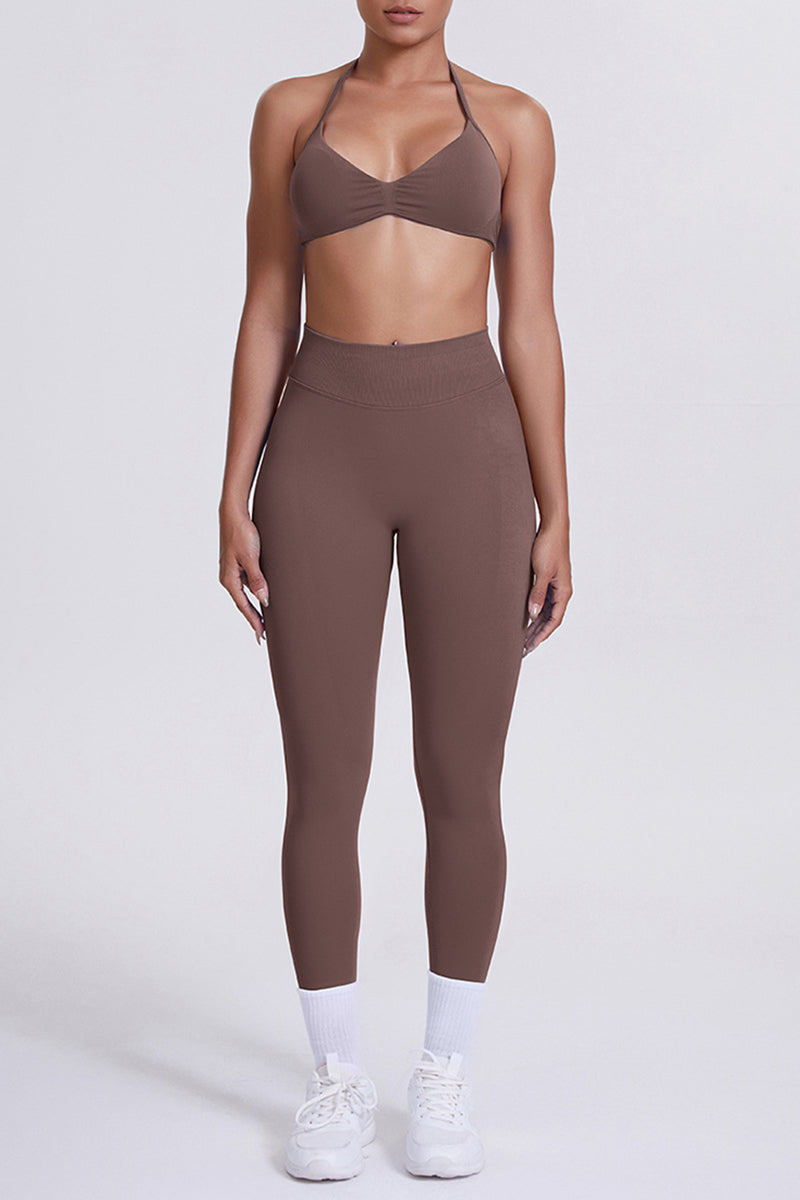 Women Seamless Yoga Set: High-Waisted Sculpting Leggings + Halter Neck Sports Bra