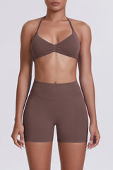 Women Halter Neck Yoga Set: High-Waisted Sculpting Shorts + Backless Sports Bra