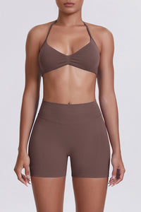 Women Halter Neck Yoga Set: High-Waisted Sculpting Shorts + Backless Sports Bra