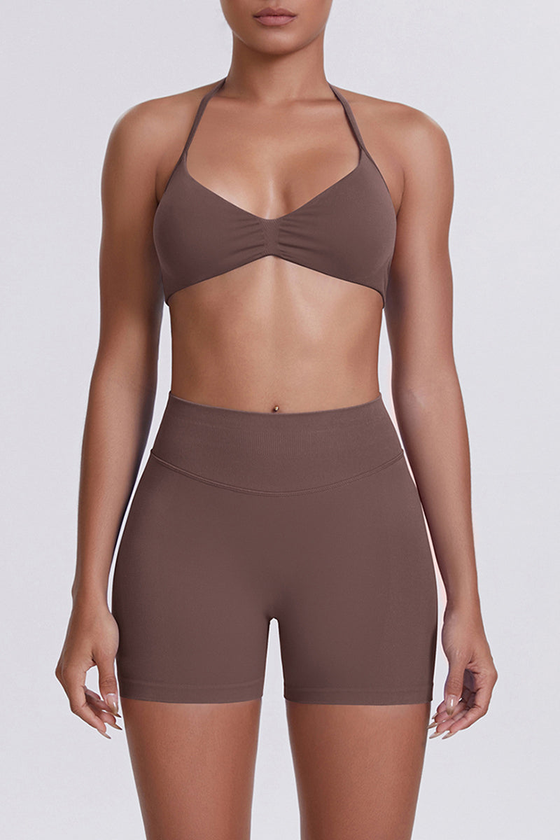 Women Halter Neck Yoga Set: High-Waisted Sculpting Shorts + Backless Sports Bra