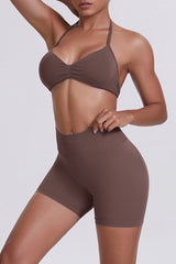Women Halter Neck Yoga Set: High-Waisted Sculpting Shorts + Backless Sports Bra