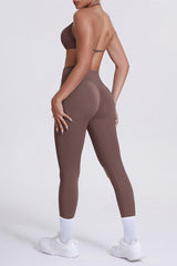 Women Seamless Yoga Set: High-Waisted Sculpting Leggings + Halter Neck Sports Bra