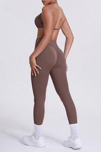 Women Seamless Yoga Set: High-Waisted Sculpting Leggings + Halter Neck Sports Bra