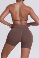 Women Halter Neck Yoga Set: High-Waisted Sculpting Shorts + Backless Sports Bra