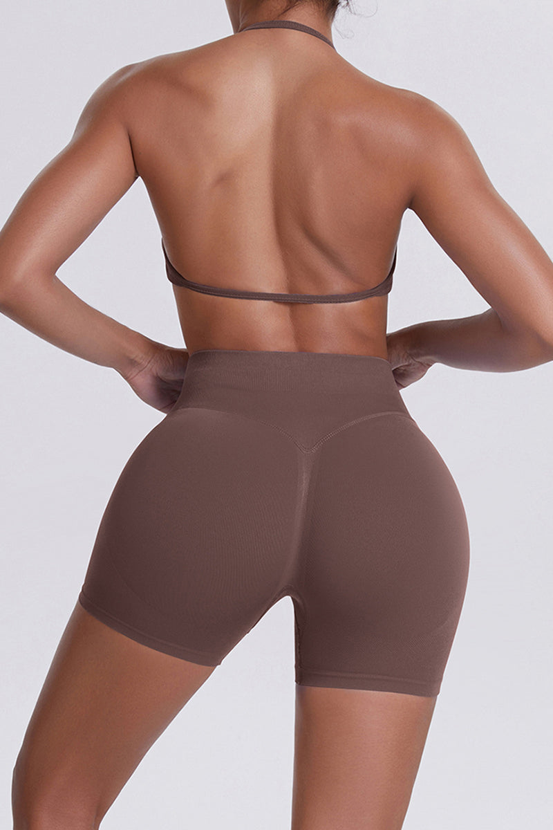 Women Halter Neck Yoga Set: High-Waisted Sculpting Shorts + Backless Sports Bra