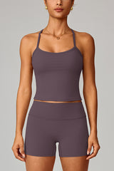Women Brushed Slim Fit Yoga Set: Square Neck Camisole + High Waist Shorts