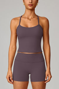 Women Brushed Slim Fit Yoga Set: Square Neck Camisole + High Waist Shorts