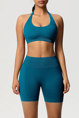 Women Halter Neck Yoga Set: High-Waisted Sculpting Shorts + Backless Sports Bra
