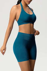 Women Halter Neck Yoga Set: High-Waisted Sculpting Shorts + Backless Sports Bra