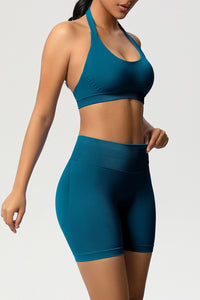 Women Halter Neck Yoga Set: High-Waisted Sculpting Shorts + Backless Sports Bra