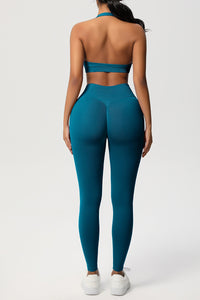 Women Seamless Knit Yoga Set: Halter Back Sports Bra + Sculpting Leggings