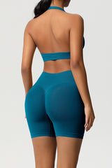 Women Halter Neck Yoga Set: High-Waisted Sculpting Shorts + Backless Sports Bra