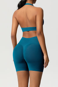 Women Halter Neck Yoga Set: High-Waisted Sculpting Shorts + Backless Sports Bra