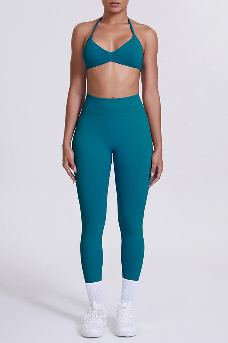 Women Seamless Yoga Set: High-Waisted Sculpting Leggings + Halter Neck Sports Bra