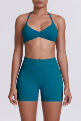 Women Halter Neck Yoga Set: High-Waisted Sculpting Shorts + Backless Sports Bra