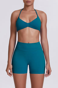 Women Halter Neck Yoga Set: High-Waisted Sculpting Shorts + Backless Sports Bra