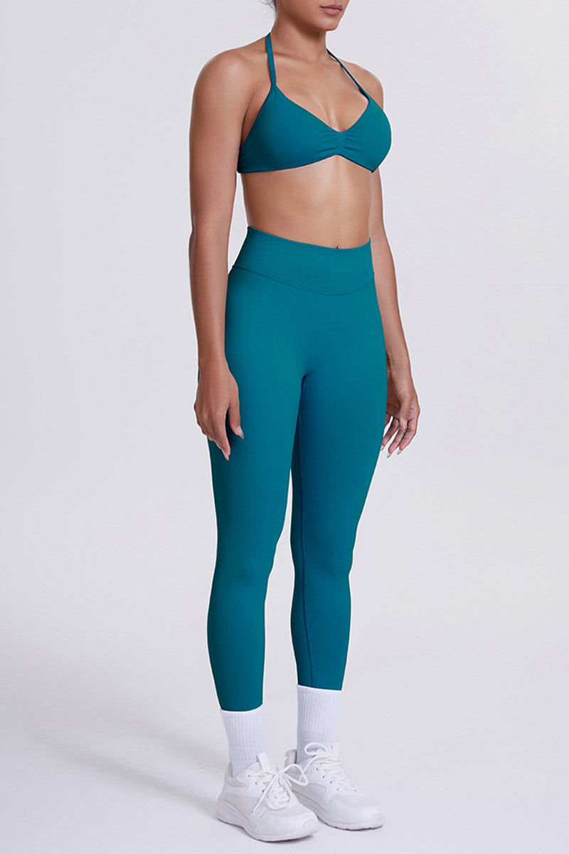 Women Seamless Yoga Set: High-Waisted Sculpting Leggings + Halter Neck Sports Bra