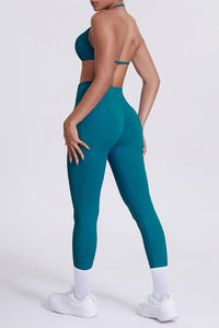 Women Seamless Yoga Set: High-Waisted Sculpting Leggings + Halter Neck Sports Bra