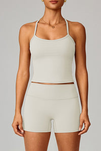Women Brushed Slim Fit Yoga Set: Square Neck Camisole + High Waist Shorts