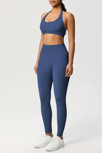 Women Seamless Knit Yoga Set: Halter Back Sports Bra + Sculpting Leggings