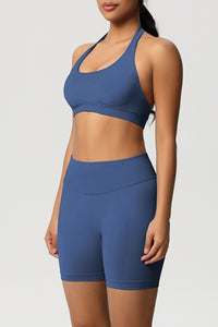 Women Halter Neck Yoga Set: High-Waisted Sculpting Shorts + Backless Sports Bra